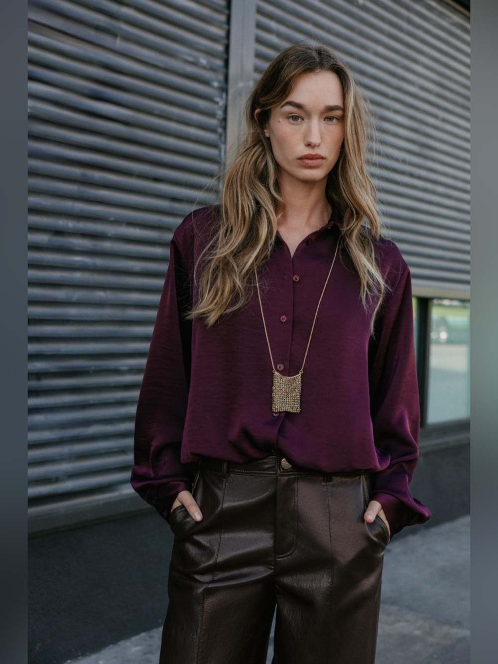 Zara Plum Satin Button-Up Shirt XS- never worn! - Picture 2 of 5